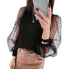 Image of Elegant Knitted Patchwork Tops Blouse Mesh Puff Sleeve O-neck Streetwear