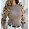 Image of Elegant Knitted Patchwork Tops Blouse Mesh Puff Sleeve O-neck Streetwear