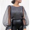 Image of Elegant Knitted Patchwork Tops Blouse Mesh Puff Sleeve O-neck Streetwear