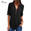 Image of YMING Fashion Ladies Top Zipper Chiffon Top Office Casual Ladies Top Summer Ladies Top Long Sleeve Shirt Solid Color Blusas