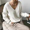 Image of Womens Sweaters 2020 Autumn Winter Casual V Neck Women Pullover Sweater Solid Long Sleeve Fashion Loose Knitted Cashmere Top