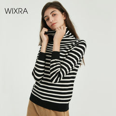 Wixra Women Soft Striped Knitted Sweater Ladies Long Sleeve Turtleneck