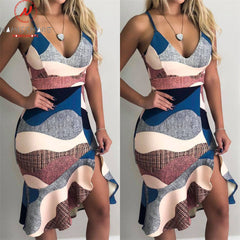 Women Streetwear Trumpet Dress Patchwork Design Ruffles Decor V-Neck