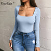 Image of Forefair Sexy Bodycon Bodysuit Long Sleeve Square Neck Sheath Open Crotch Basic White Black Red Overalls Women Body Top