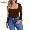 Image of Forefair Sexy Bodycon Bodysuit Long Sleeve Square Neck Sheath Open Crotch Basic White Black Red Overalls Women Body Top