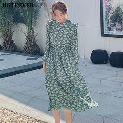 BGTEEVER Elegant Stand Collar Ruffles Women Dress Full Sleeve Elastic Waist Female Chiffon Dress 2020 Spring Midi Vestidos femme