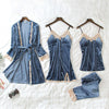 Image of Warm Winter Pajamas Sets Women Sexy Lace Robe Pajamas Sleepwear Kit Sleeveless  Nightwear