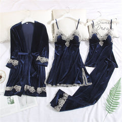 Warm Winter Pajamas Sets Women Sexy Lace Robe Pajamas Sleepwear Kit Sleeveless  Nightwear