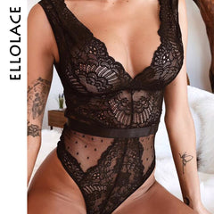 Ellolace Summer Lace Bodysuit Women Floral Embroidery Deep V Neck Sexy Bodysuit Dot Patchwork Jumpsuit Overalls 2019 Femlae Body