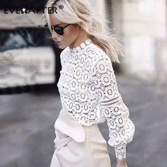 Elegant white lace blouse shirt women lantern sleeve