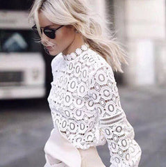 Elegant white lace blouse shirt women lantern sleeve