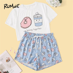 Woman Cartoon And Letter Print Pajama Set Sweet Short Sleeve T Shirts