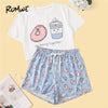 Image of Woman Cartoon And Letter Print Pajama Set Sweet Short Sleeve T Shirts