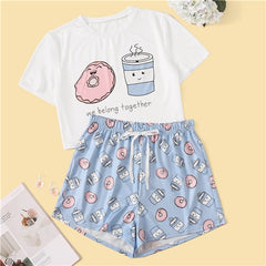 Woman Cartoon And Letter Print Pajama Set Sweet Short Sleeve T Shirts