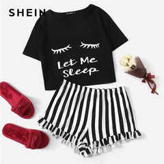 Black Graphic Tee Frilled Striped Shorts PJ Round Neck Short Sleeve Set