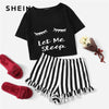 Image of Black Graphic Tee Frilled Striped Shorts PJ Round Neck Short Sleeve Set