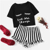 Image of Black Graphic Tee Frilled Striped Shorts PJ Round Neck Short Sleeve Set