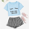 Image of Black Graphic Tee Frilled Striped Shorts PJ Round Neck Short Sleeve Set