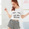 Image of Black Graphic Tee Frilled Striped Shorts PJ Round Neck Short Sleeve Set