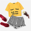 Image of Black Graphic Tee Frilled Striped Shorts PJ Round Neck Short Sleeve Set