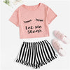 Image of Black Graphic Tee Frilled Striped Shorts PJ Round Neck Short Sleeve Set