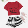 Image of Black Graphic Tee Frilled Striped Shorts PJ Round Neck Short Sleeve Set