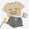 Image of Black Graphic Tee Frilled Striped Shorts PJ Round Neck Short Sleeve Set