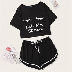 Black Graphic Tee Frilled Striped Shorts PJ Round Neck Short Sleeve Set