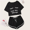 Image of Black Graphic Tee Frilled Striped Shorts PJ Round Neck Short Sleeve Set