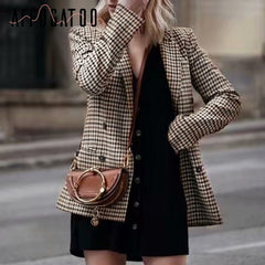 Fashion double breasted plaid blazer women Long sleeve