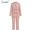 Image of Plaid double breasted women blazer suit set Long sleeve office ladies pant