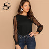 Image of Black Women Blouse Pearl Beaded Mesh Sleeve