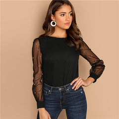 Black Women Blouse Pearl Beaded Mesh Sleeve