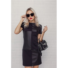 Women Vintage Leather Patchwork Elegant Office Dress