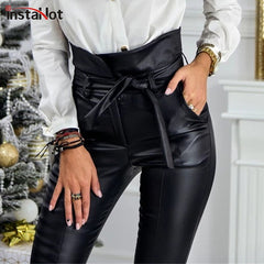 High Waist Pencil Pant Women Faux Leather PU Sashes Long Trousers