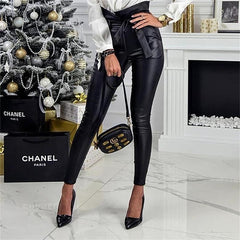 High Waist Pencil Pant Women Faux Leather PU Sashes Long Trousers