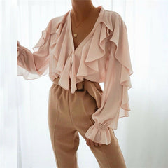 Women Ladies Chiffon Ruffle Bell Sleeve Loose  Shirt Top Summer Blouse UK