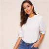 Image of Casual Green Puff Sleeve Keyhole Back Solid Top And Blouse