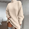 Image of Forefair Turtleneck Long Sleeve Sweater Dress Women Autumn Winter Loose Tunic Knitted Casual Pink Gray Clothes Solid Dresses