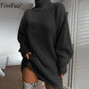 Image of Forefair Turtleneck Long Sleeve Sweater Dress Women Autumn Winter Loose Tunic Knitted Casual Pink Gray Clothes Solid Dresses