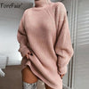 Image of Forefair Turtleneck Long Sleeve Sweater Dress Women Autumn Winter Loose Tunic Knitted Casual Pink Gray Clothes Solid Dresses