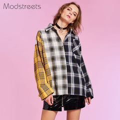 Women Shirt Button Oversize Cotton Plaid Long Sleeve Blouse