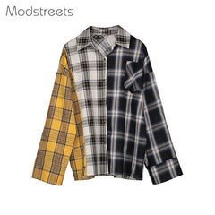 Women Shirt Button Oversize Cotton Plaid Long Sleeve Blouse