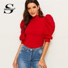 Image of Elegant Red Puff Sleeve Blouse Women