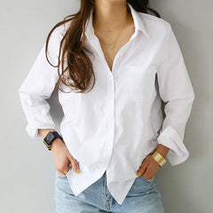 One Pocket Women White Shirt Blouse Long Sleeve