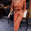 Image of Sexy v Neck Autumn Long Sleeve Women Dress Ladies Sashes Button Casual Office Dress 2019 New Fashion Women Midi Dress Vintage