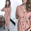 Image of Sexy v Neck Autumn Long Sleeve Women Dress Ladies Sashes Button Casual Office Dress 2019 New Fashion Women Midi Dress Vintage