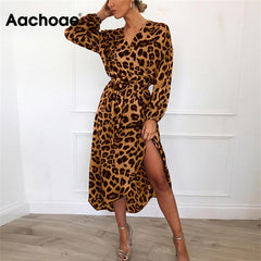 Leopard Kleid 2020 Frauen Vintage Lange Strand Kleid Lose Lange Ärmel Tiefen V-ausschnitt A-line Sexy Party Kleid Vestidos de fiesta