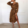 Image of Leopard Kleid 2020 Frauen Vintage Lange Strand Kleid Lose Lange Ärmel Tiefen V-ausschnitt A-line Sexy Party Kleid Vestidos de fiesta