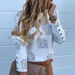 Blusa elegante nueva Puff hombro camisas Oficina dama otoño Metal botones detalle blusas Mujer piña estampado manga larga